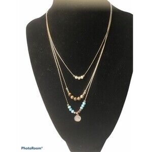 Gold Multi Strand Necklace  Rhinestones and Beads